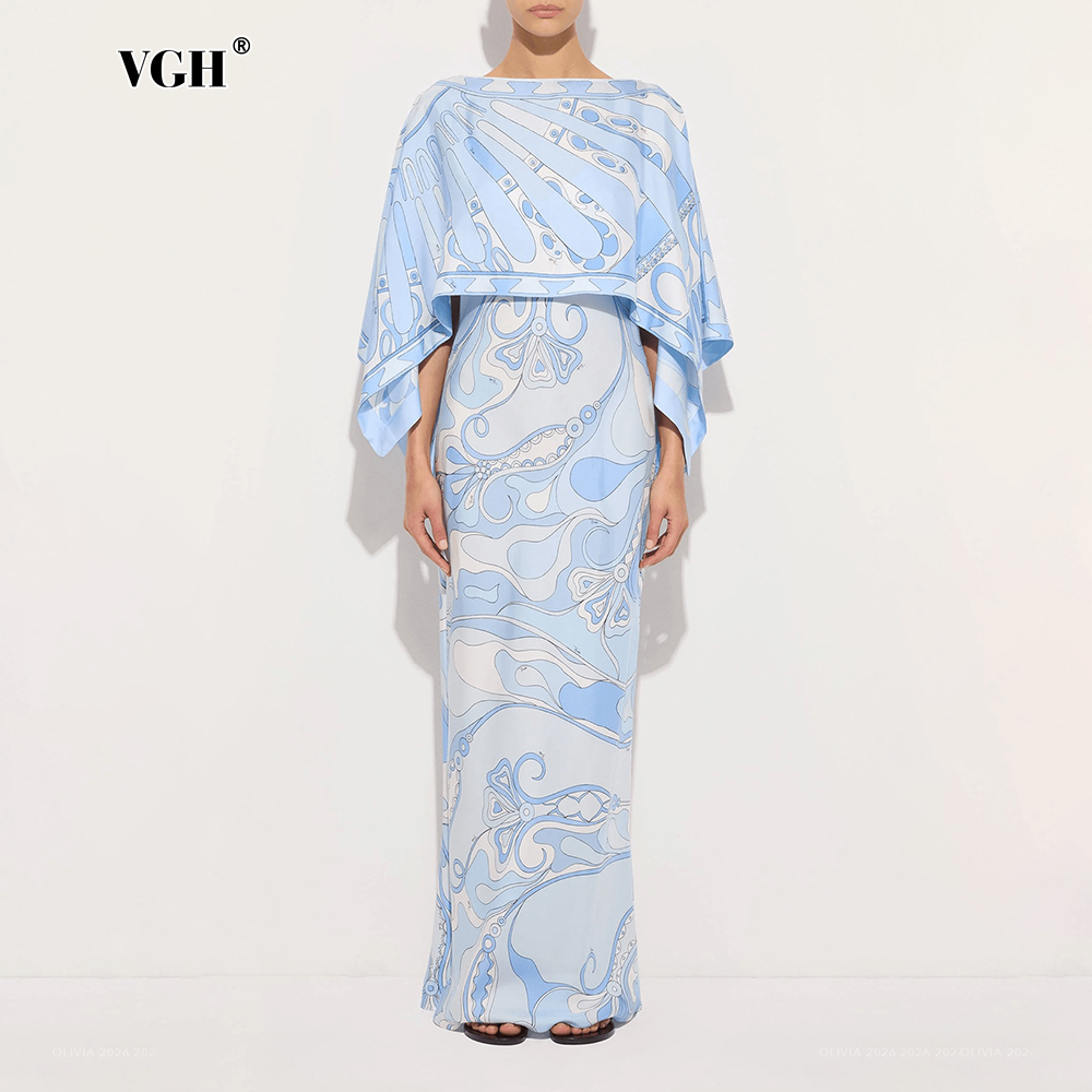 Women'S Formal Wear Suits - ชุดเซ็ตสองชิ้นลายพิมพ์นามธรรมสีฟ้าอ่อน VGH สำหรับผู้หญิง ชุดเดรสเข้ารูปพร้อมเสื้อคลุมคอวีทรงหลวมสำหรับงานแต่งงาน งานกาล่า
