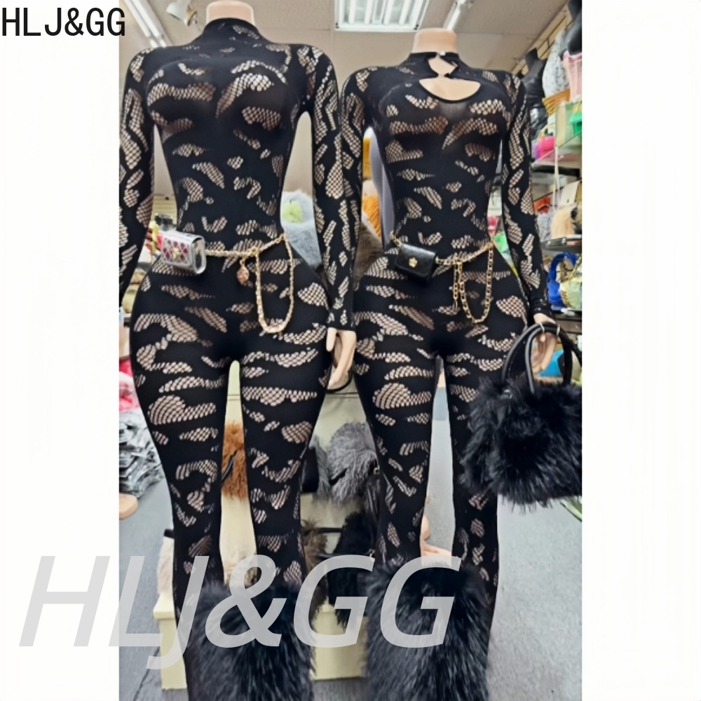 Women'S Formal Wear Jumpsuit - HLJ&GG ชุดเซ็กซี่ลูกไม้ซีทรู ชุดบอดี้คอนแบบชิ้นเดียวสำหรับผู้หญิง คอกลม แขนยาว ทรงเข้ารูป