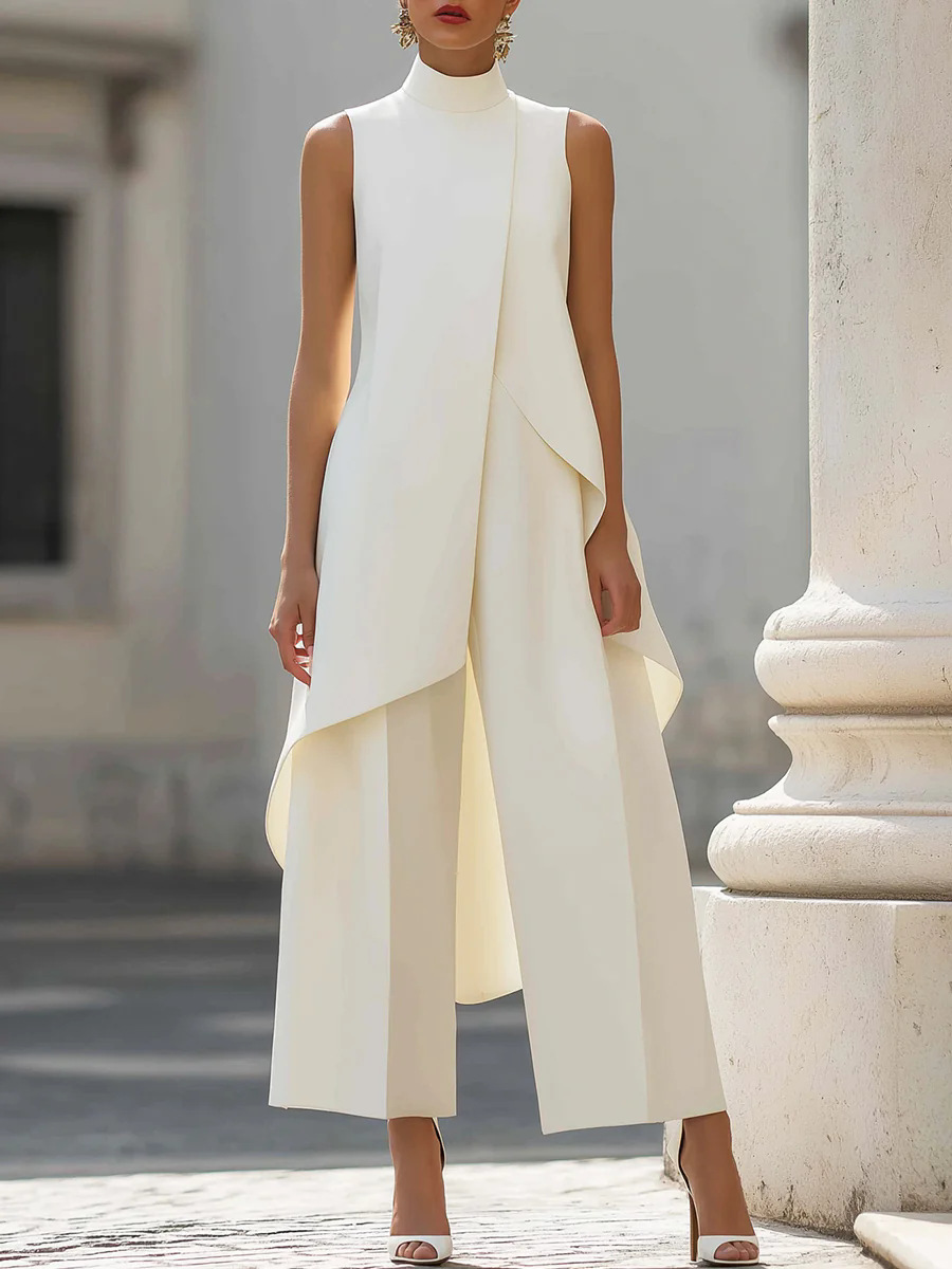 Women'S Formal Wear With Pants - ชุดเซ็ตสองชิ้นสำหรับผู้หญิง: เสื้อกั๊กยาวคอตั้งแบบไม่มีแขนและกางเกงขายาวทรงกว้าง สไตล์หรูหรา เหมาะสำหรับธุรกิจ งานทางการ และการเดินทางไปทำงาน