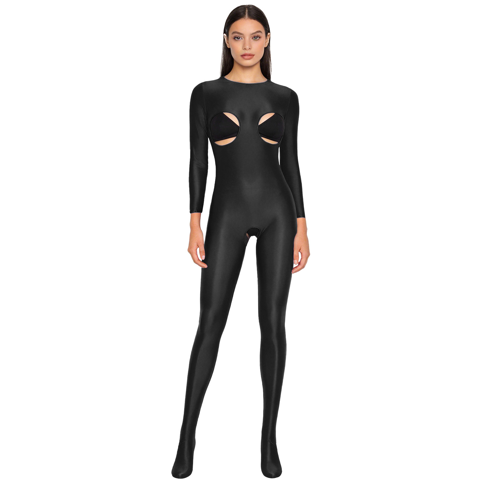 Women'S Formal Wear Jumpsuit - ชุดจั๊มสูทแบบยูนิทาร์ดผ้าเงา ยืดหยุ่นได้ ช่วงเป้าเปิด แขนยาว ไม่มีคัพ บอดี้สูทแบบเต็มตัว