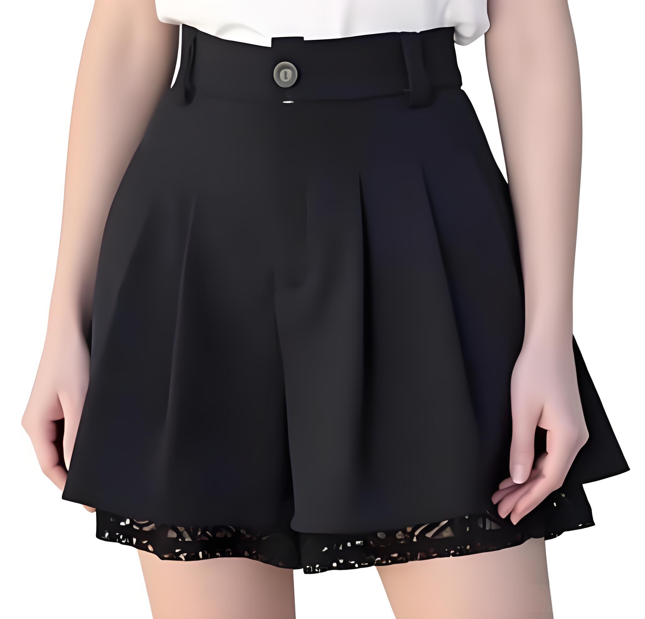 Women'S Formal Wear With Pants - กางเกงขาสั้นทรงคูลอตเอวสูงสำหรับผู้หญิง แต่งระบายจีบ ขากว้าง แต่งขอบลูกไม้ลายดอกไม้ สวมใส่ได้ทั้งแบบลำลองและเป็นทางการ เหมาะสำหรับใส่ในชีวิตประจำวันและทำงานออฟฟิศ
