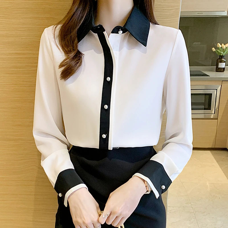 Women'S Formal Wear Suits - เสื้อชีฟองสีขาวสำหรับผู้หญิง สไตล์เกาหลี ชิค กระดุมแถวเดียว ปกตัดสี เสื้อทำงานสำหรับสุภาพสตรี