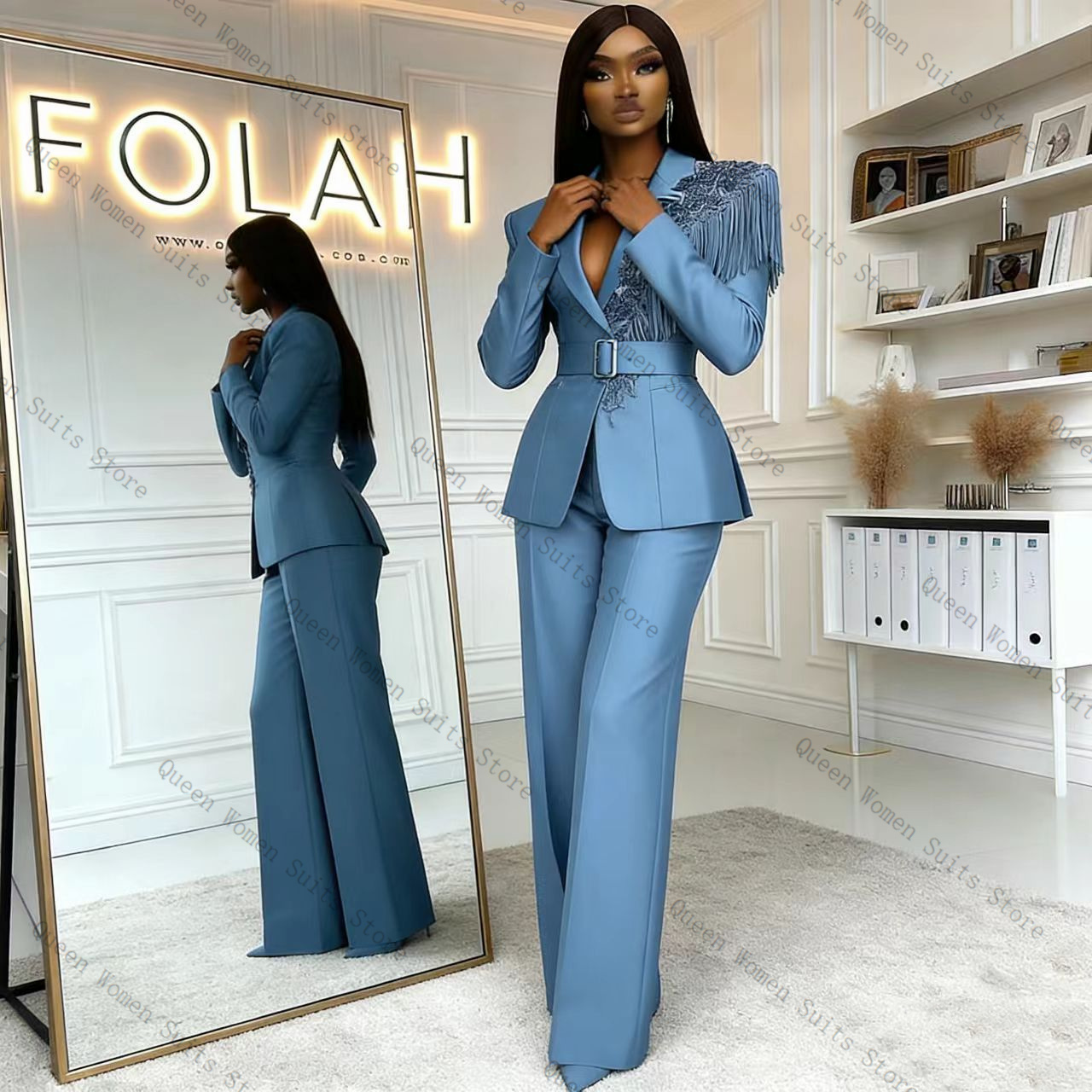 Women Formal Wear Trousers - ชุดสูทผู้หญิงสีน้ำเงินประดับพู่ 2 ชิ้น เสื้อเบลเซอร์+กางเกงขายาว ประดับคริสตัล ผ้าฝ้าย
