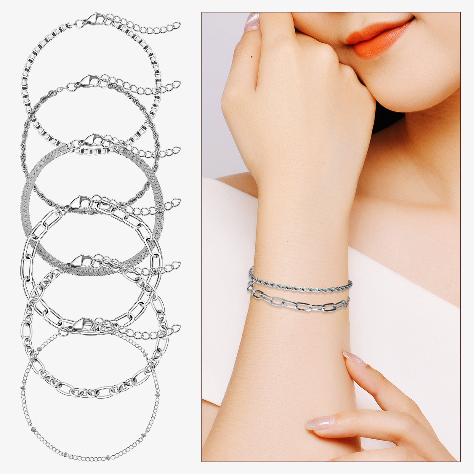 Formal Wear Jewelry For Women - สร้อยข้อมือแบบมินิมอล 6 ชิ้น สร้อยข้อมือแบบซ้อนชั้น สายโลหะบาง สร้อยข้อมือสำหรับผู้หญิง