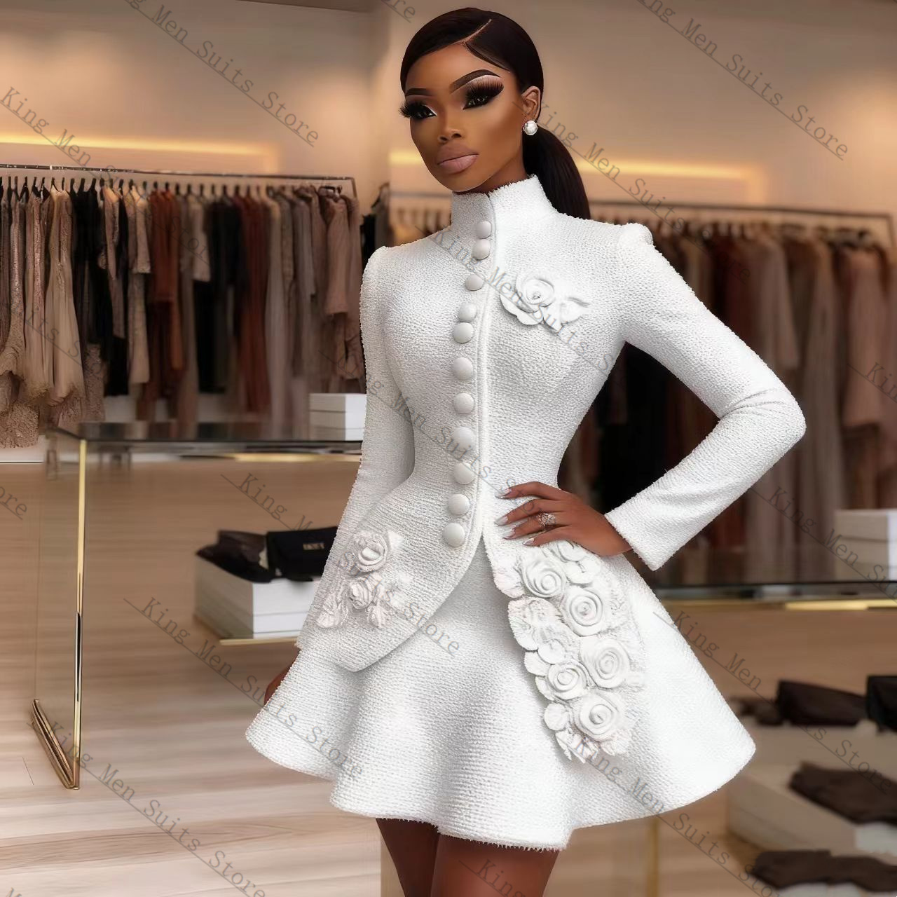 Women Luxury Formal Wear - ชุดสูทผู้หญิงสีขาวหรูหรา 2 ชิ้น เสื้อเบลเซอร์+เดรสสั้นทรงมินิ ประดับดอกไม้ 3