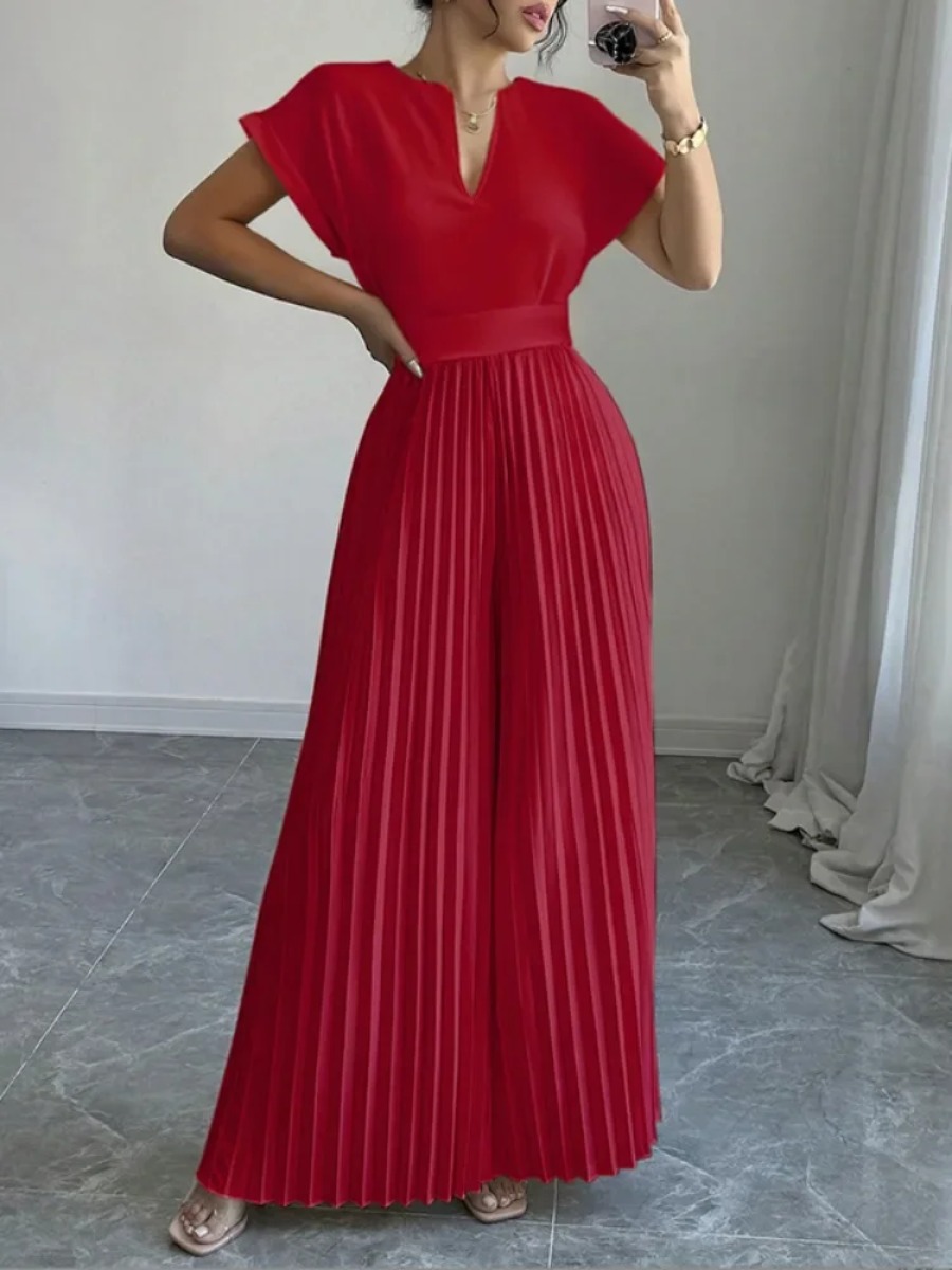 Women'S Formal Wear With Pants - จั๊มสูทขายาวทรงขาบาน คอวี แขนสั้น แต่งระบาย เอวสูง ผ้ามีเท็กซ์เจอร์