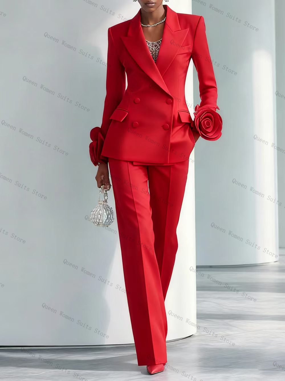Women Luxury Formal Wear - ชุดสูทผู้หญิงสีแดงสุดหรู 2 ชิ้น เสื้อเบลเซอร์+กางเกงขายาว ลายดอกไม้ 3