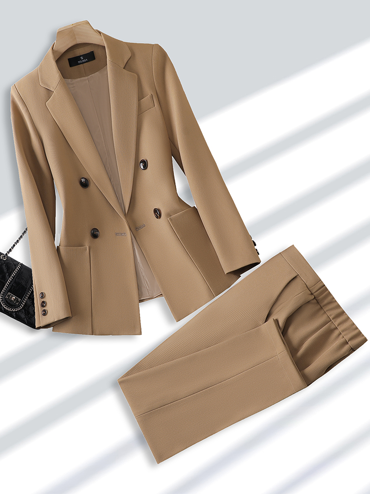Women Formal Wear Trousers - ชุดสูททำงานแฟชั่นสำหรับผู้หญิงชุด2ชิ้นพร้อมกระเป๋าชุดสูททำงานธุรกิจสำนักงานและกางเกงสีเบจสีดำสีกากี