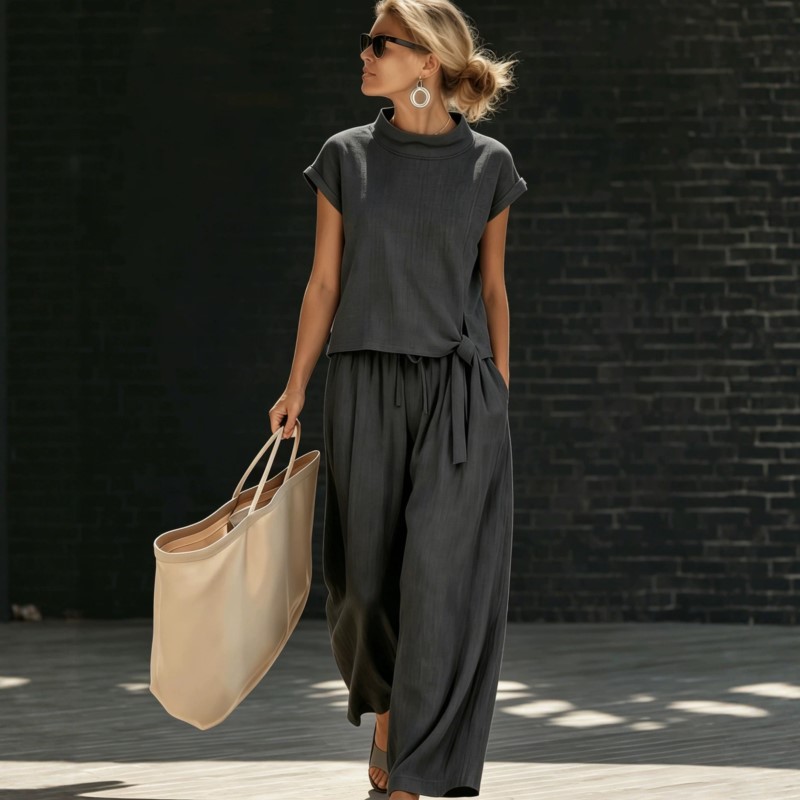 Women'S Formal Wear With Pants - ชุดกางเกงผู้หญิงฤดูร้อนปี 2026 สีพื้น กระดุม คอวี สไตล์เรโทรหรูหรา