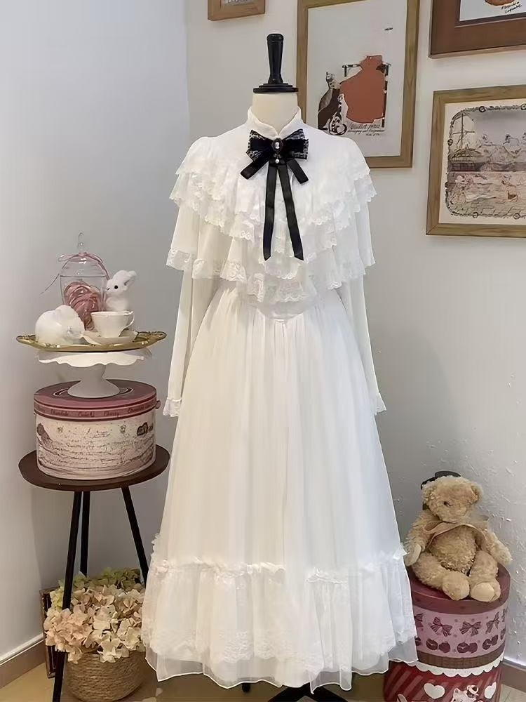 Women Formal Wear Outfits - ชุดเดรสลูกไม้แขนสั้นสไตล์ญี่ปุ่น สีขาว กระโปรงยาวทรงเข้ารูป สไตล์หวานๆ ประจำปี 2025