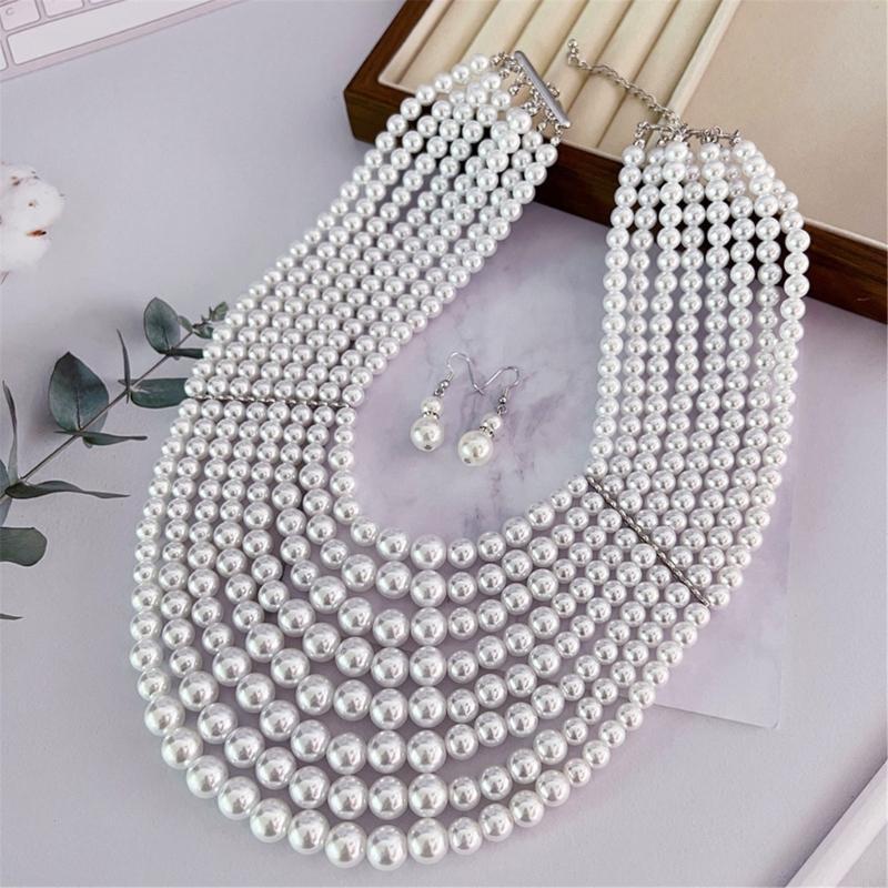 Formal Wear Jewelry For Women - ต่างหูสร้อยคอไข่มุกเทียมหลายชั้นอย่างพิถีพิถัน ชุดราตรีที่ละเอียดอ่อน