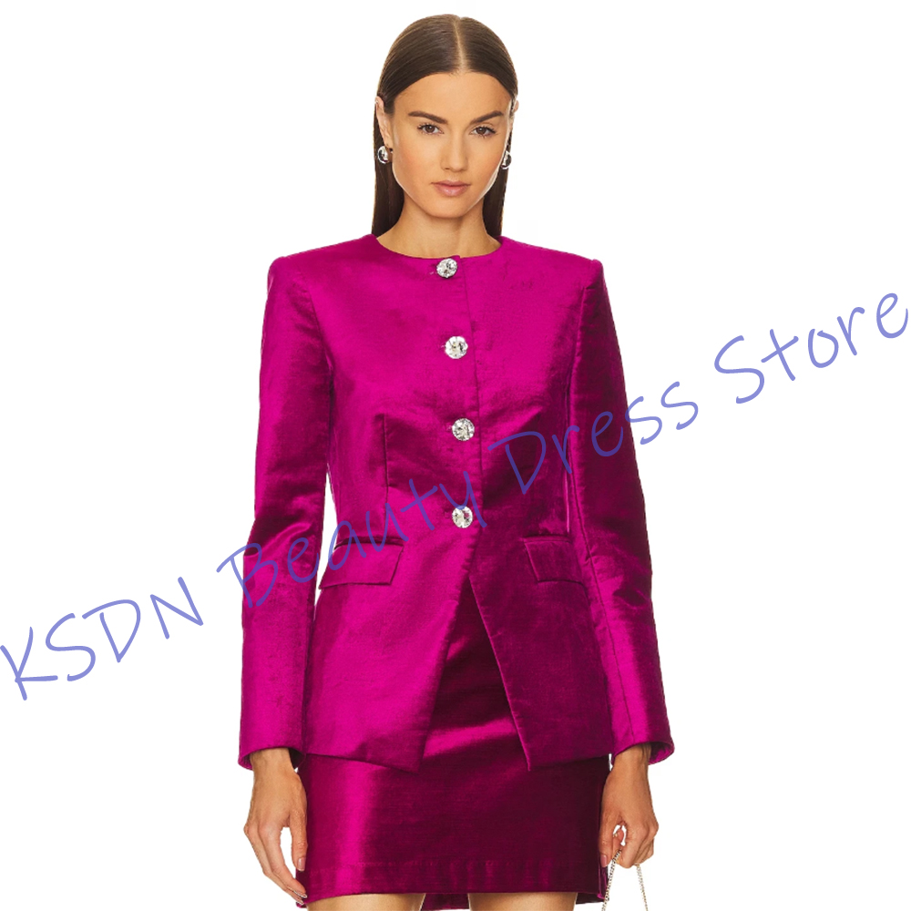 Women Formal Wear Outfits - ชุดสูทผู้หญิงแบบกระดุมแถวเดียว สีชมพูสด ผ้าซาติน สองชิ้น (เสื้อแจ็คเก็ต+กระโปรงสั้น) ชุดทำงานสุดหรู