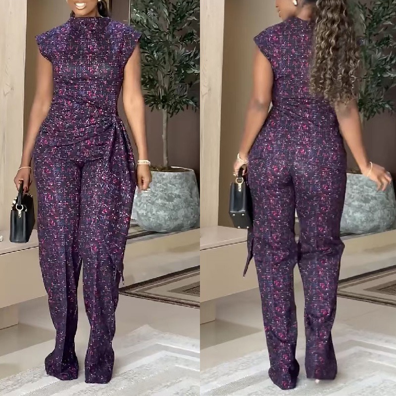 Women'S Formal Wear With Pants - ชุดเซ็ต 2 ชิ้นลายพิมพ์แอฟริกันสำหรับผู้หญิง ดีไซน์หรูหรา เสื้อแขนกุดคอสูงจับจีบ +