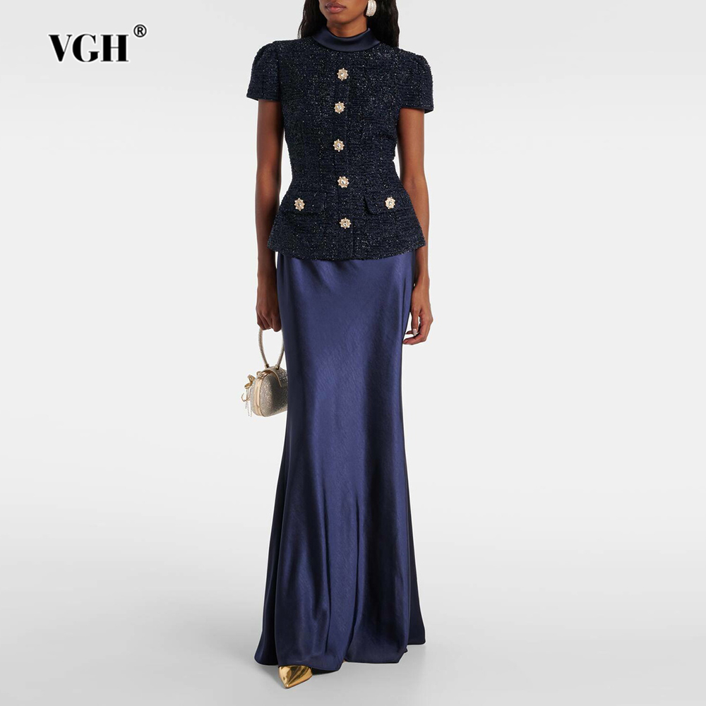 Women'S Formal Wear Suits - VGH Chic 2 ชิ้นชุดผู้หญิงคอสั้นแขน Spliced กระเป๋า