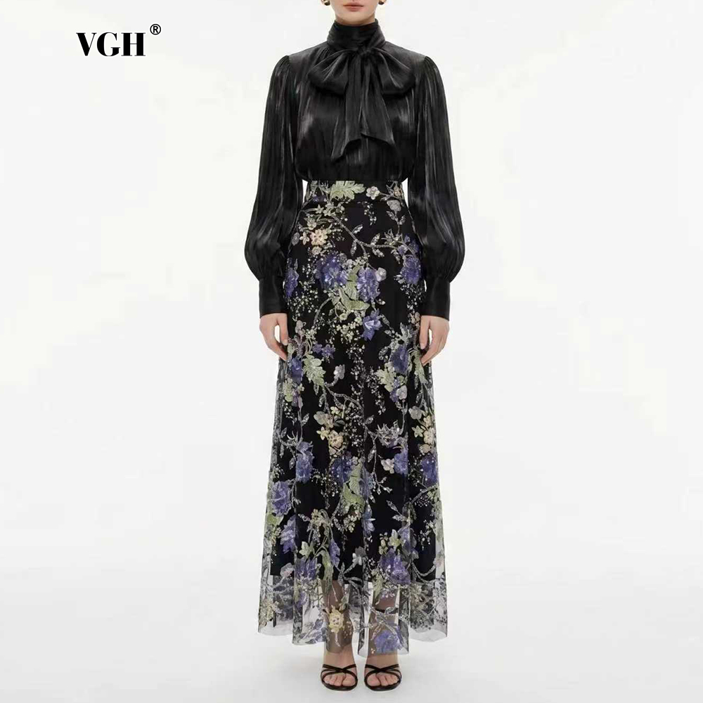Women'S Formal Wear Suits - VGH ชุดสองชิ้นลายดอกไม้สีดำหรูหราสำหรับผู้หญิงเสื้อแขนยาวคอผ้าพันคอชุดกระโปรงแม็กซี่เอวสูงสำหรับชุดลำลอง