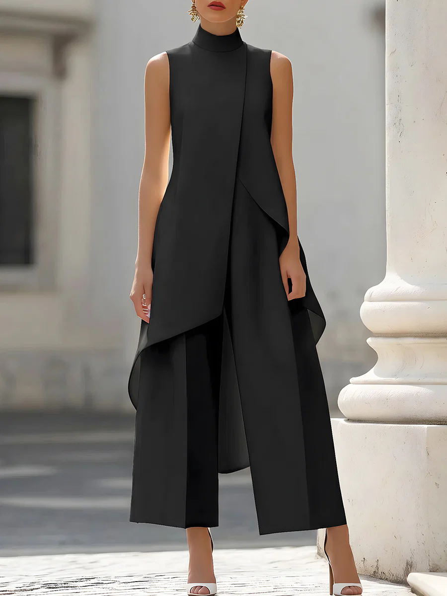 Women'S Formal Wear With Pants - จั๊มสูทแขนกุดคอสูงแบบอสมมาตร แต่งผ้าซ้อนทับ กางเกงขายาวทรง Palazzo สง่างาม เหมาะสำหรับงานเลี้ยงตอนเย็นสำหรับผู้หญิง