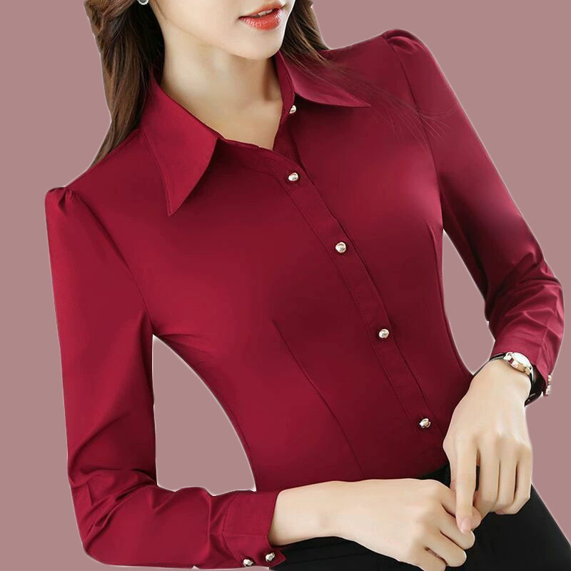 Women'S Formal Wear Suits - เสื้อแขนยาวสีแดงผู้หญิงฤดูใบไม้ผลิฤดูใบไม้ร่วงใหม่เกาหลีSlimmingอย่างเป็นทางการอาชีพOLเสื้อAll-Match Basic Office Ladyเสื้อ