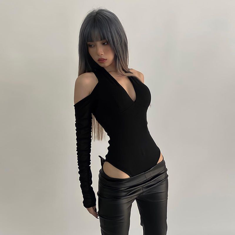 Women'S Formal Wear Jumpsuit - บอดี้สูทเซ็กซี่สำหรับผู้หญิง แขนยาว เปิดไหล่ สีพื้น แฟชั่น คอเสื้อแบบคล้องคอ