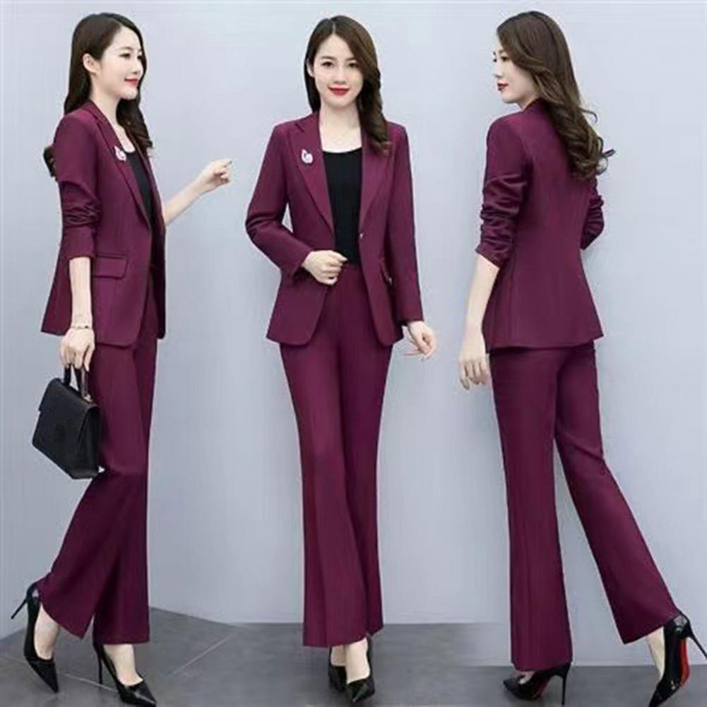 Women'S Formal Wear With Pants - ชุดสูทผู้หญิง 2 ชิ้น/เซ็ต เสื้อโค้ทปกพับ แขนยาว ทรงเข้ารูป