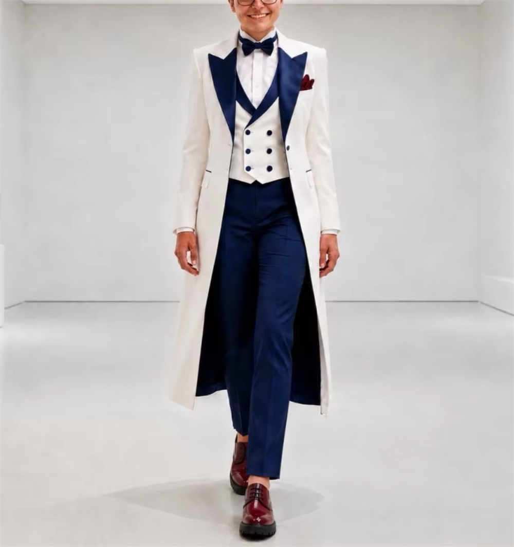 Women Formal Wear Outfits - เสื้อแจ็คเก็ตสีน้ำเงินกรมท่าขาวสำหรับผู้หญิง ชุดสูทหรูหรา ตัดเย็บอย่างประณีต เหมาะสำหรับใส่ทำงานหรือเป็นชุดไปงานแต่งงาน เสื้อเบลเซอร์สำหรับสุภาพสตรี (เฉพาะเสื้อแจ็คเก็ต)