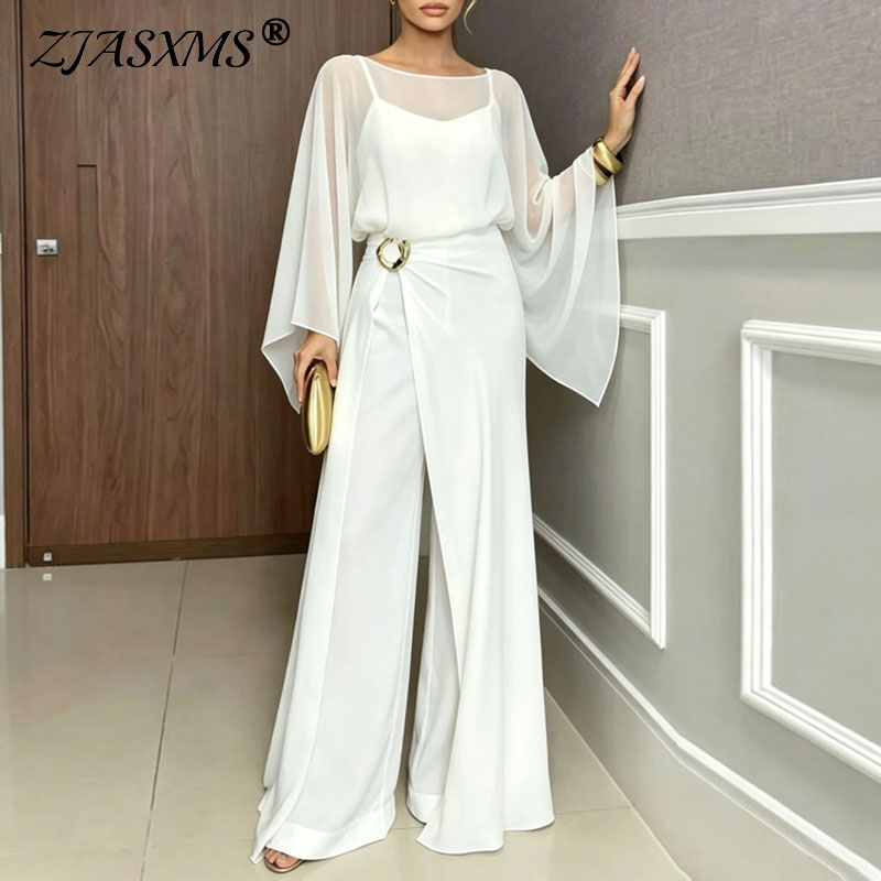 Women'S Formal Wear Suits - ชุดจั๊มสูทผู้หญิงแบบเป็นทางการ 2 ชิ้น ชุดเซ็ตแขนบานผ้าซีทรู เอวสูง ผ่าข้าง