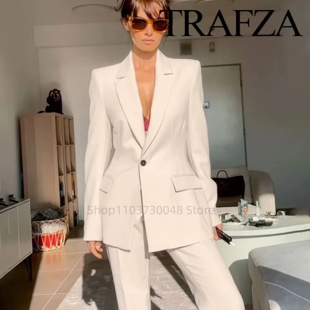 Women'S Formal Wear With Pants - แฟชั่นชุดสูทสตรีสำหรับออฟฟิศ เสื้อเบลเซอร์และกางเกงขายาว สีขาว/แดง ชุดทำงานสำหรับผู้หญิง ชุดทำงาน 2