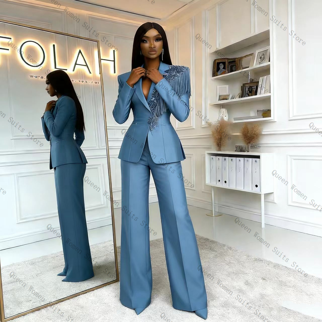ชุดสูทผู้หญิงสีน้ำเงินประดับพู - Women Formal Wear Trousers บทวิจารณ์และราคา