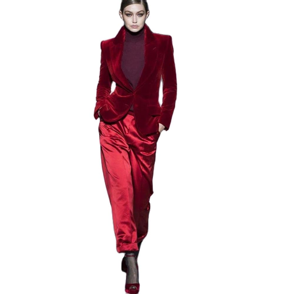 ผู้หญิงชุดกางเกงไวน์แดงกำมะหยี - Women Formal Wear Outfits บทวิจารณ์และราคา